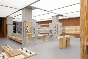 A modern retail exhibit showcasing contemporary design with marble materials.