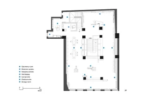 Floor plan of a modern retail storefront featuring glass, concrete, and wallpaper materials.