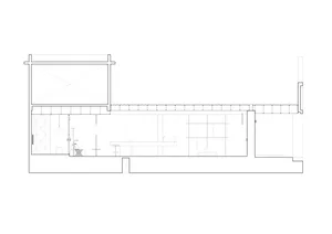 Simplified line drawing of an office space featuring glass and concrete materials