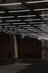 Clothing items hanging on racks in a glass-walled retail display
