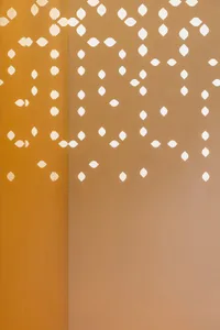 A minimalist interior design featuring textured plywood with geometric cutouts.