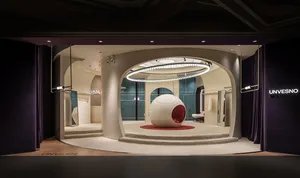Modern interior design featuring a retail storefront with a glass sphere and red seating area.