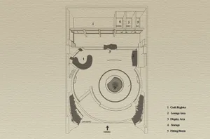 Floor plan of a shop interior with labeled sections for cash register, lounge area, display area, storage, and fitting room.