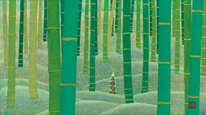 A tranquil bamboo forest scene with tall stalks and a serene atmosphere.