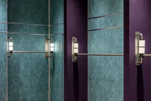 Modern elevator interior featuring reflective mirror and metallic accents