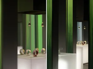 A modern retail display featuring transparent glass elements.
