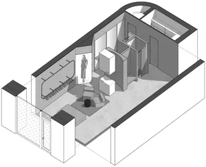 A 3D rendering of a modern retail space featuring minimalist design with white and black accents.