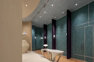 Modern retail storefront with glass walls and minimalist design elements.