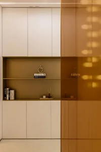 Modern minimalist shelving unit with glass panels