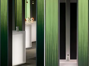 A minimalist interior design featuring green paneling.