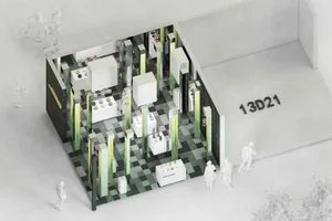 A minimalist retail storefront featuring concrete pillars and white display units with various objects on top.