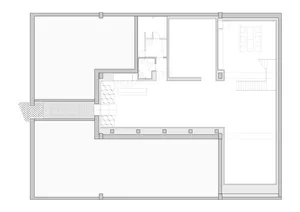 A white, minimalist architectural floor plan of a residential house.