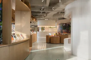 Modern library with open space and wooden interior design