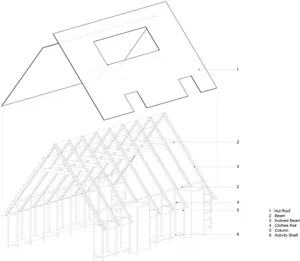 屋頂結構的3D技術圖，展示橫樑與傾斜構件。