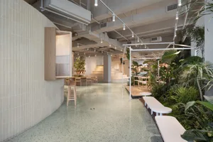 Modern interior of a coffee shop featuring plant-based materials, with greenery and natural light