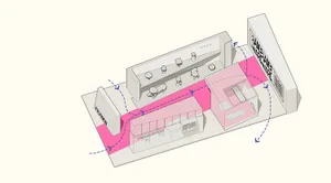 Modern interior design layout with pink and grey palette, featuring furniture and spatial composition.