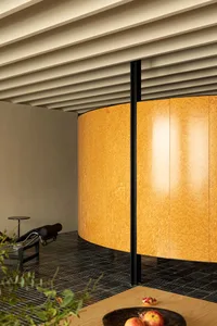 Modern interior design featuring a curved wooden wall and minimalist furniture.