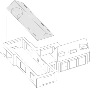 Detailed 2D architectural drawing of a modern residential building featuring a prominent concrete material.