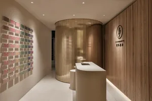 Modern retail storefront with wooden paneling and various color displays.