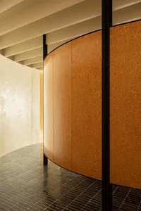 A modern interior with a curved, wooden-paneled wall.