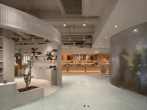 A modern retail store featuring light wood, concrete, and glass materials.