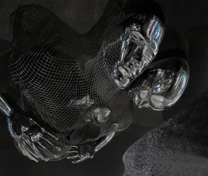 A highly reflective metal sculpture with a black wire mesh body and chrome finish, featuring a human-like form in a dynamic p