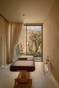 A minimalist spa treatment room featuring a concrete bed and floor, with a window overlooking a serene outdoor garden.