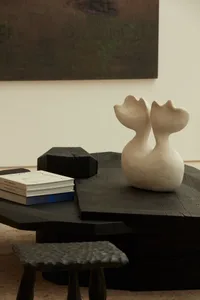 A modern coffee table setting featuring a black wooden table with a unique abstract sculpture, a stack of books, and a wooden