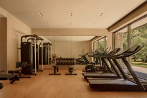 A modern exercise room featuring wooden flooring and various fitness equipment.