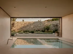 Modern interior view of a garden with modern features and a minimalist design.