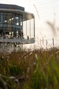 A modern building with glass and steel exterior materials