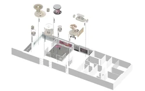 現代大廳的3D渲染，採用混凝土材質與幾何造型。