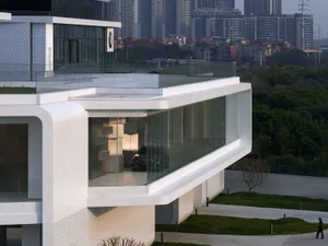 A modern building with glass exterior.