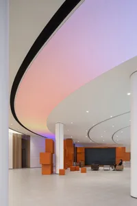 Modern lobby featuring glass and concrete elements
