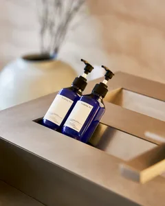 Two blue glass bottles with black pumps in a minimalist interior design setting.