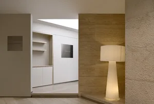 Modern minimalist lobby featuring wood paneling on the walls.