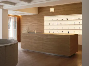 Modern minimalist spa center with a wooden reception desk, metal shelves, and illuminated display case showcasing various wel