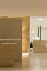 Modern salon interior design featuring stone construction materials.