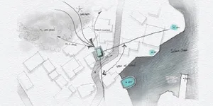 Hand-drawn architectural sketch of a landscape with various structures, labels, and annotations.
