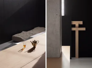 Sophisticated minimalist interior design featuring natural wood elements.