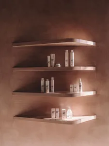 A modern retail display featuring wooden shelves with beauty products.