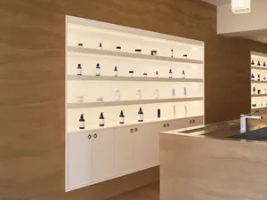 Shelves in a retail store featuring modern concrete shelving units filled with various blue-labeled products.