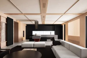 Modern minimalist living room featuring a white sofa, white ottomans, and a wooden floor with minimalist decor.