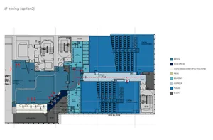 A detailed architectural blueprint of a cinema layout with a stair access plan.