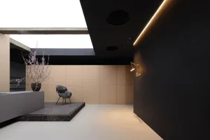 A minimalist office lobby with black walls, a concrete floor, and white ceiling.
