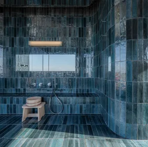 Industrial-style bathroom interior with blue-tiled walls and floor, minimalistic design, and functional fixtures.