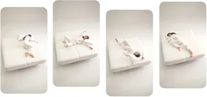 Four different sleeping poses on a white convertible sofa.