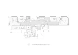 Modern office floor plan with various rooms and spaces