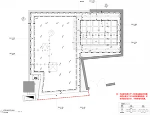 2D technical drawing of a building's floor plan with dimensions and structural details.