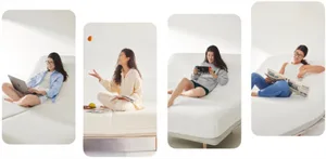 A woman sitting on a white bed in various relaxed positions, engaging in different activities.